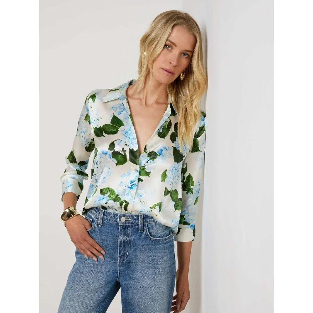 L'Agence DANI SILK IVORY/LIGHT BLUE HYDRANGEA BLOUSE TOP SIZE XS - Picture 10 of 10